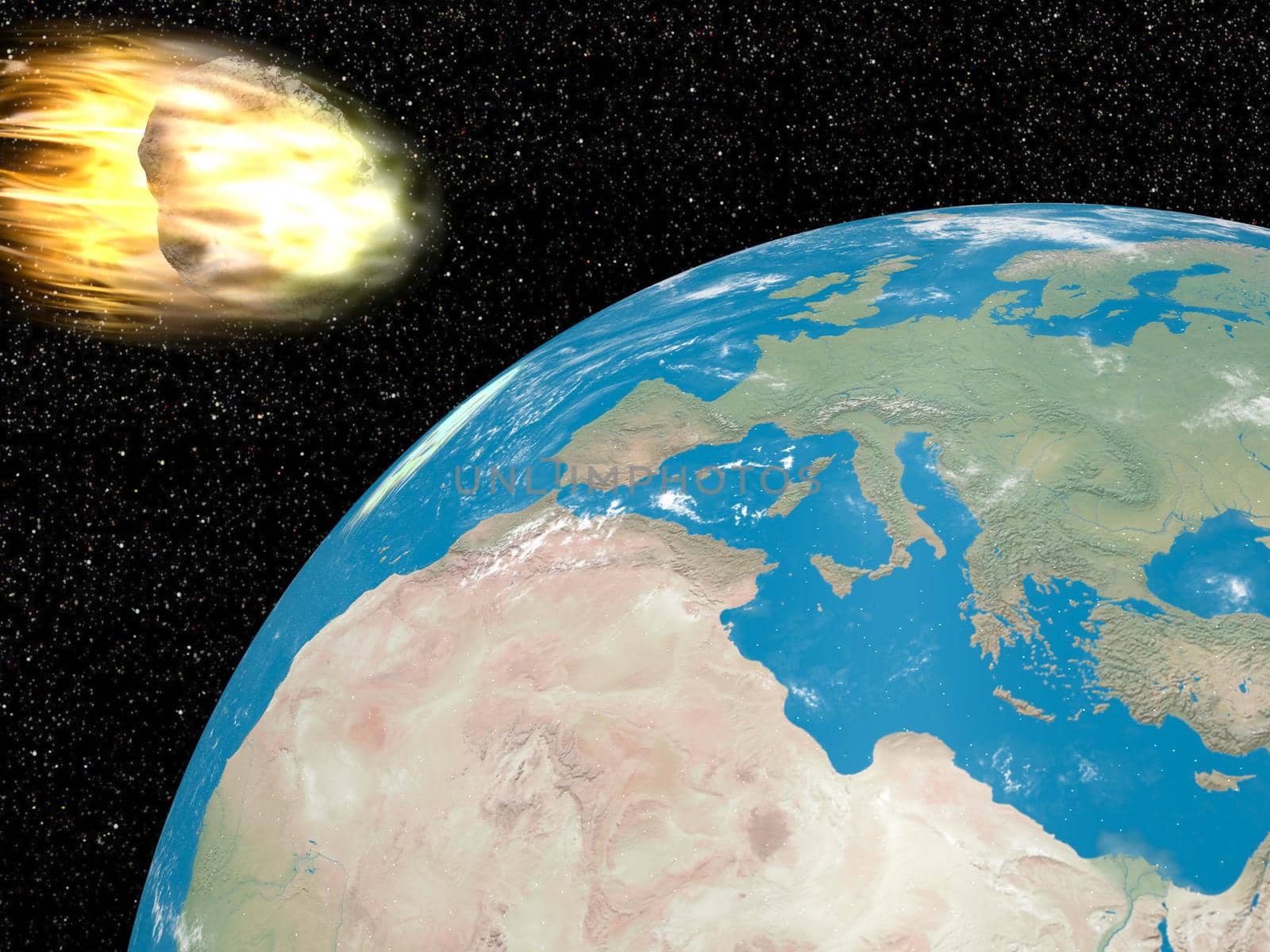 Big grey meteorite in fire going to earth into universe full of stars