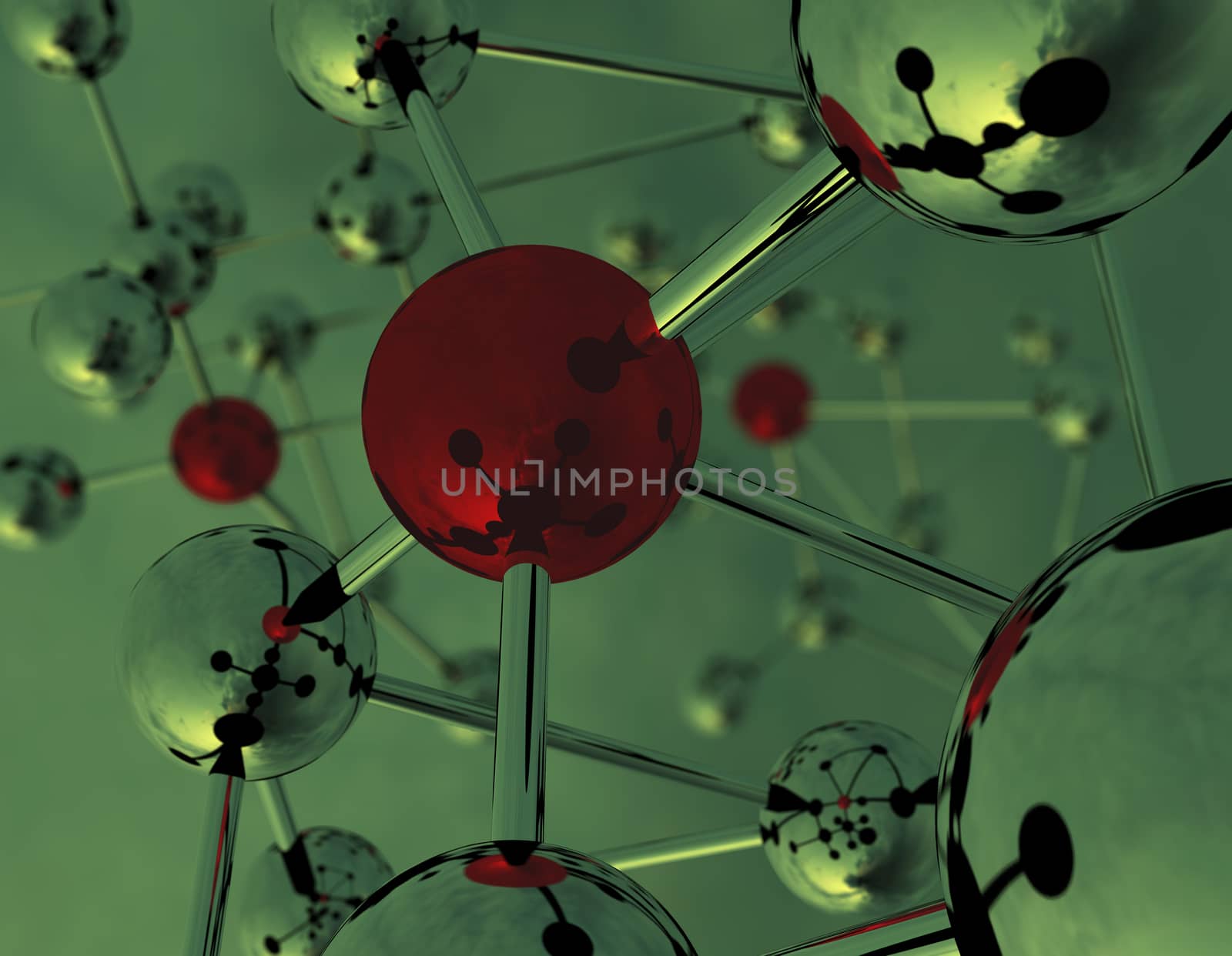 Abstract view of molecules. 3D rendering with raytraced textures.