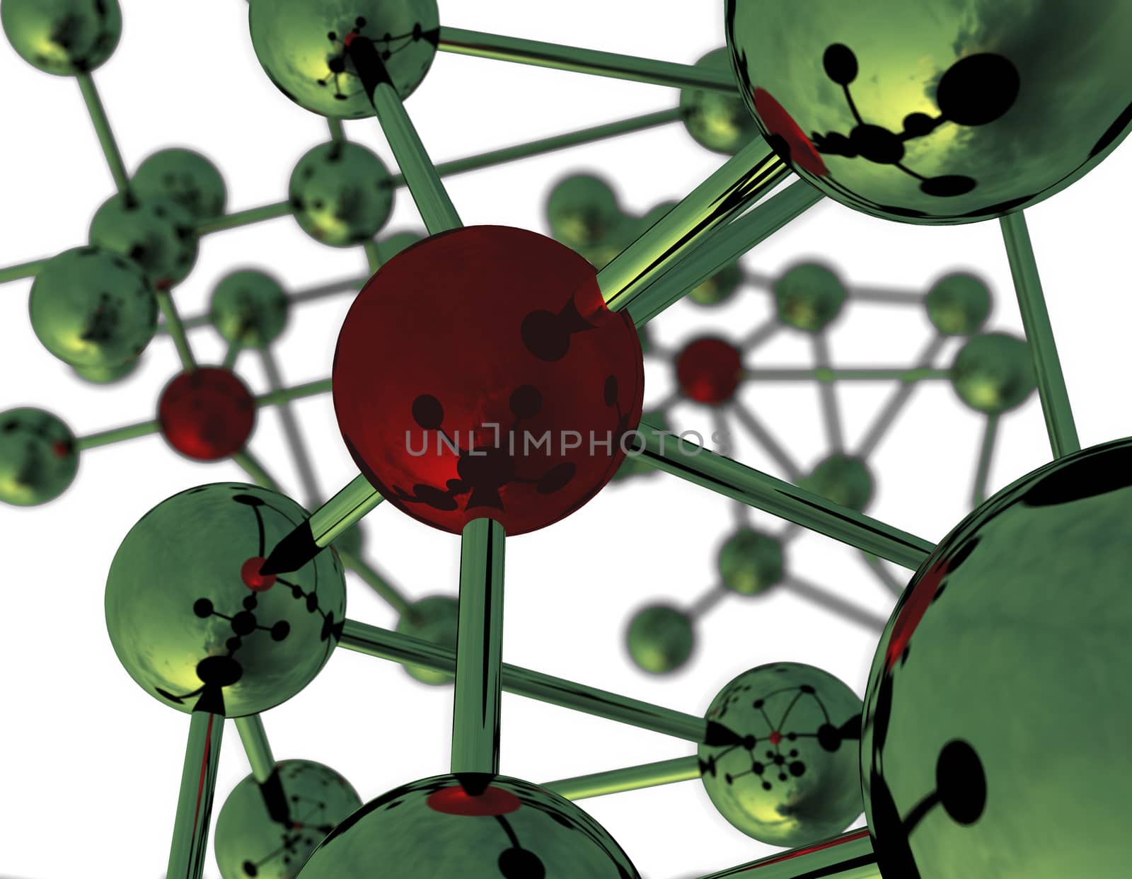 Abstract view of molecules. 3D rendering with raytraced textures.