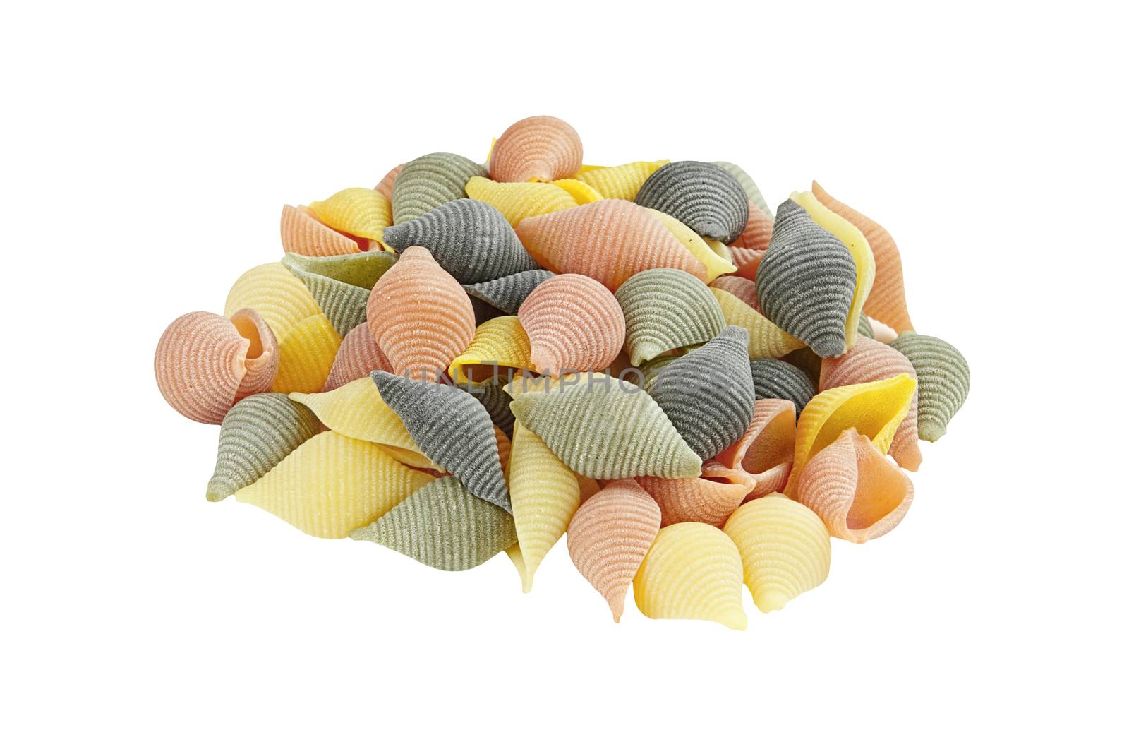 Raw colorful pasta, isolated on white background with clipping path included.