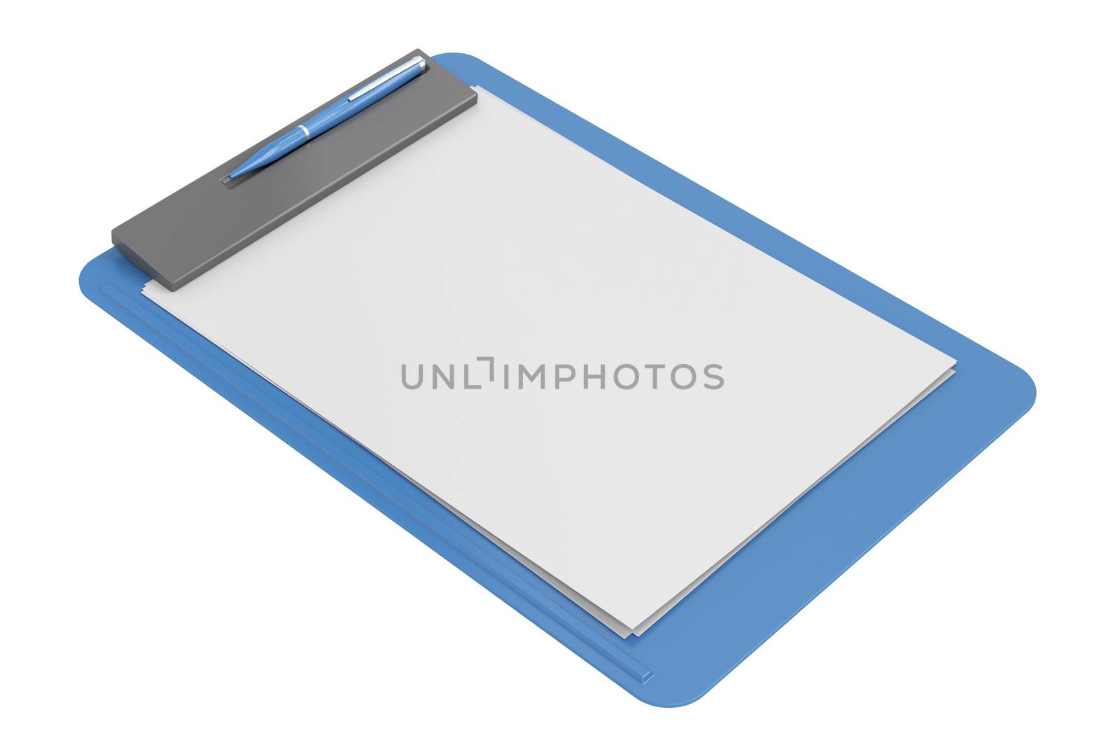 Clipboard with blank paper and pen, isolated on white background