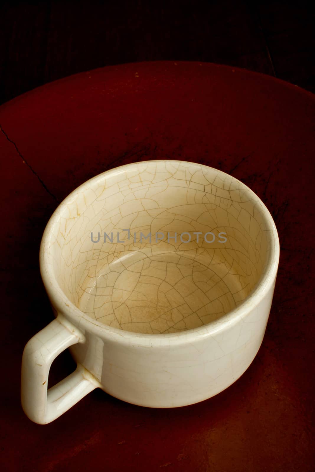 Old white ceramic cup on antiquities ceramic plate