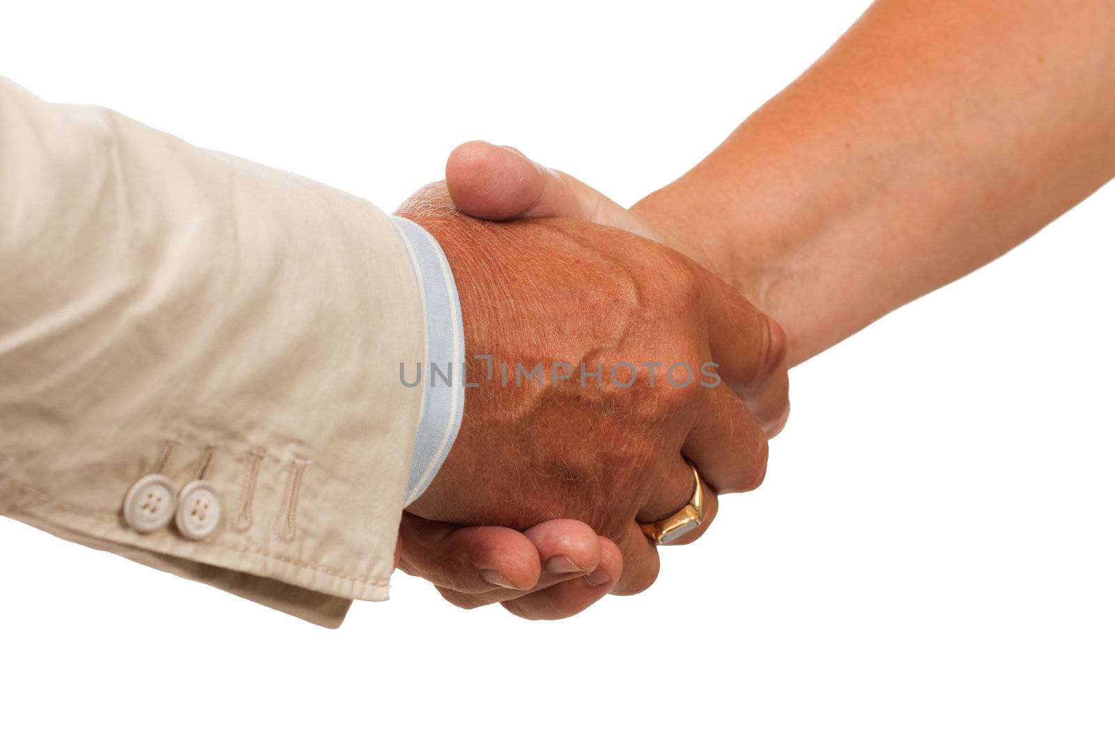 A hand shake between a man and woman. Isolated on white.