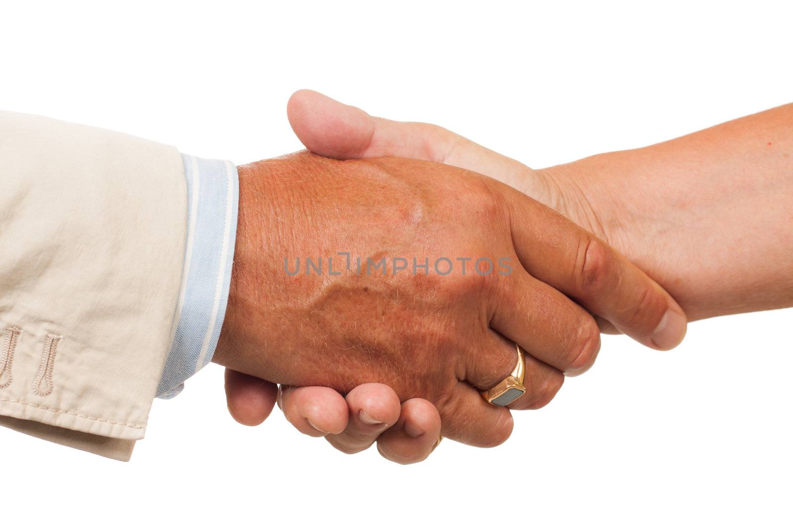 A close-up of a hand shake between a man and a woman. Isolated on white.