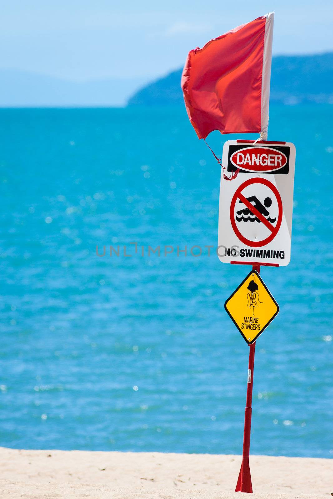 CLose-up of a jellyfish or marine stinger warning sign and red flag at a tropical Australian beach.