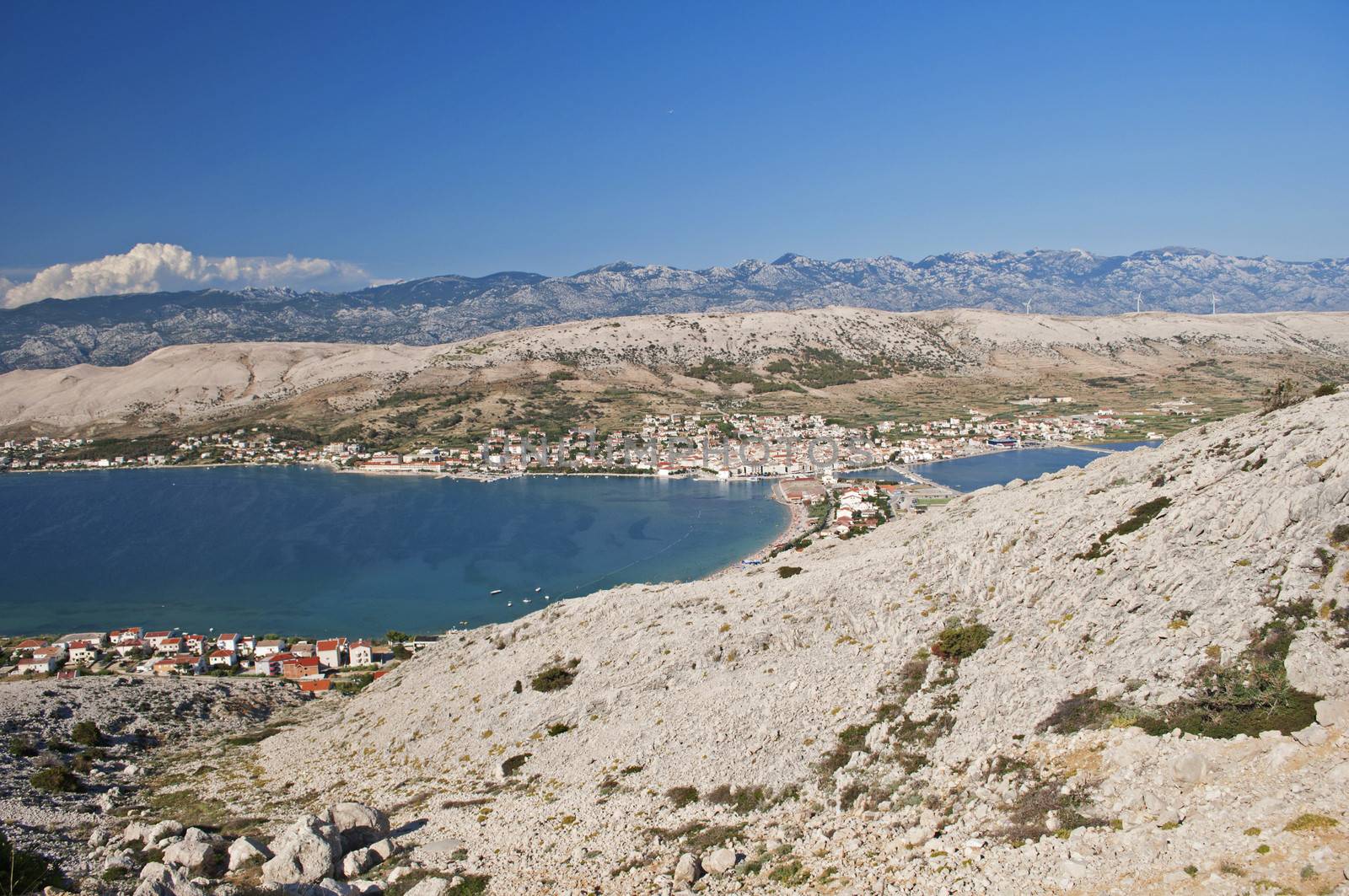Panoramic view of Pag city, Pag island, Croatia