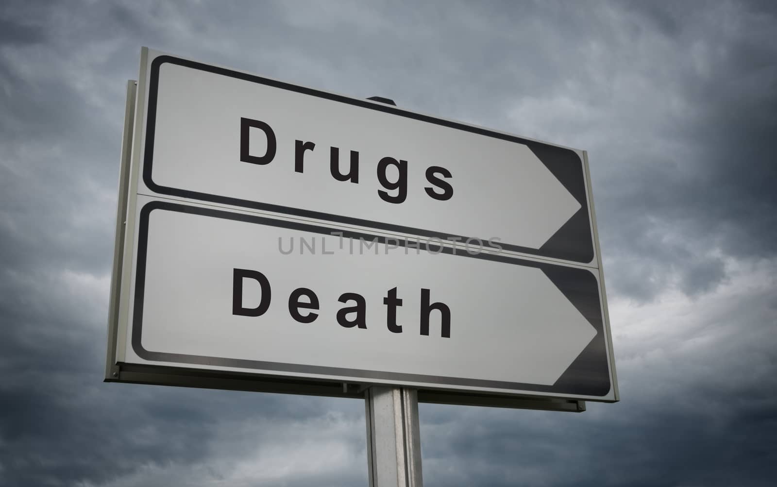 Drugs Death road sign. Concept of drug dependence.