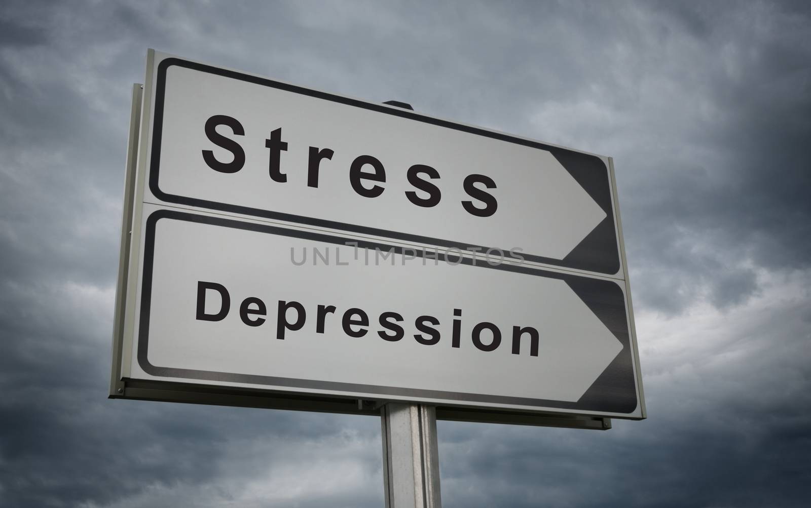 Stress Depression road sign on background of dark clouds. by BPhoto