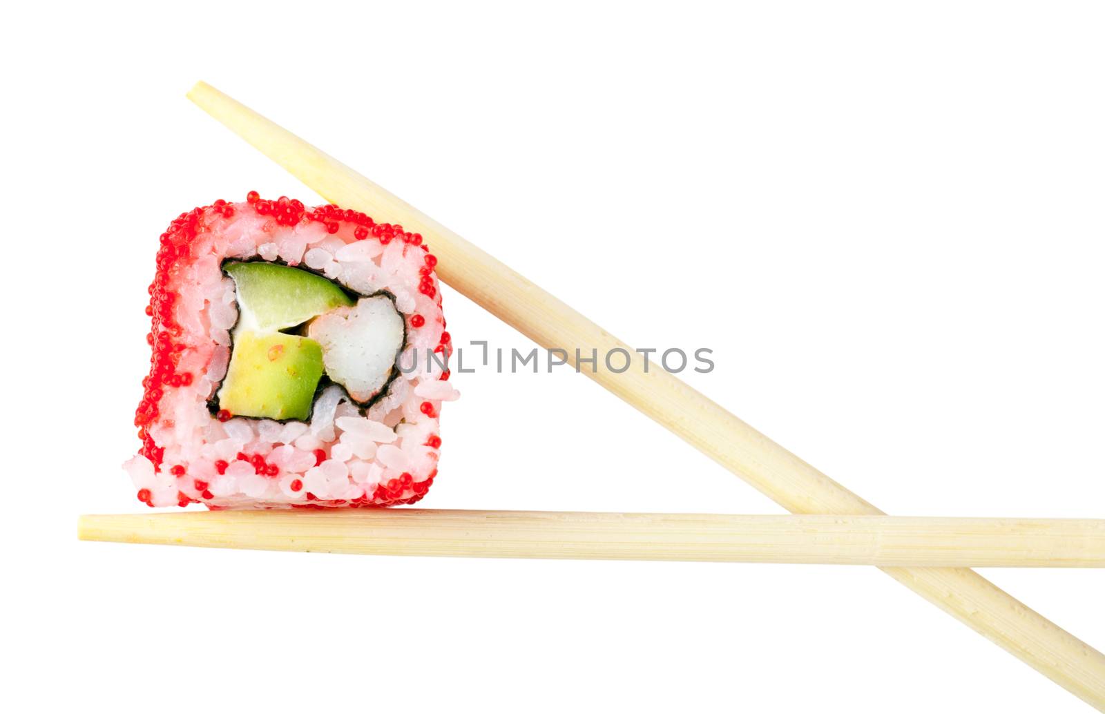 Sushi on a chopsticks isolated over white background