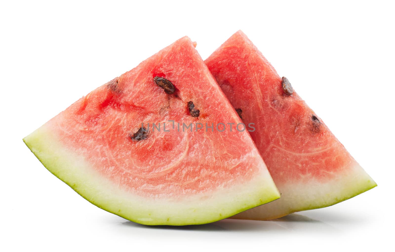 Macro view of fresh watermelon slices isolated over white