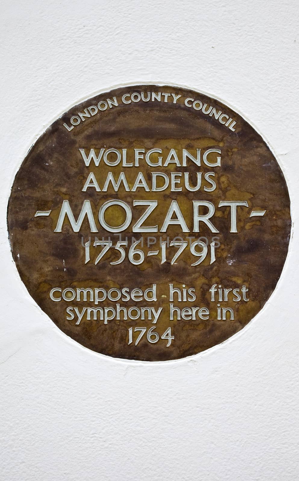 LONDON, UK - JUNE 4TH 2013: A plaque in London marking the place where Wolfgang Amadeus Mozart composed his first symphony.  Taken in Belgravia, London on 4th June 2013.