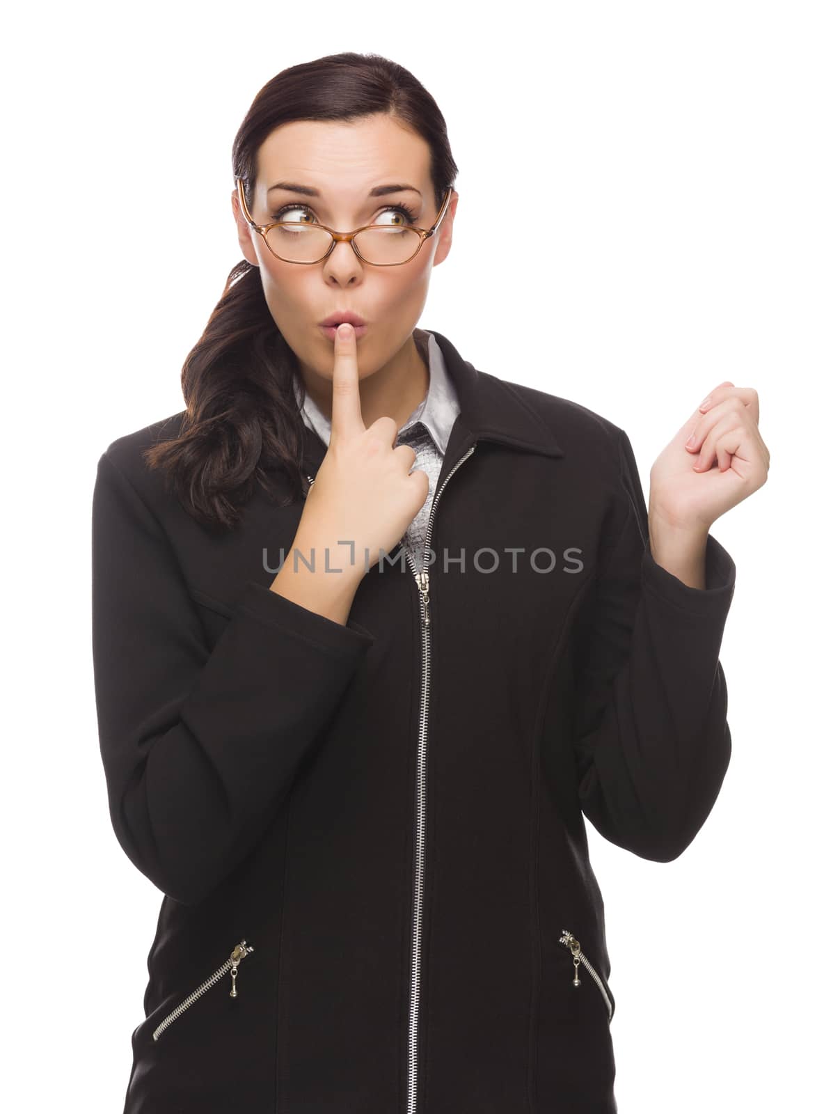 Unsure Mixed Race Businesswoman Puts Finger on Her Lips Isolated on White Background
