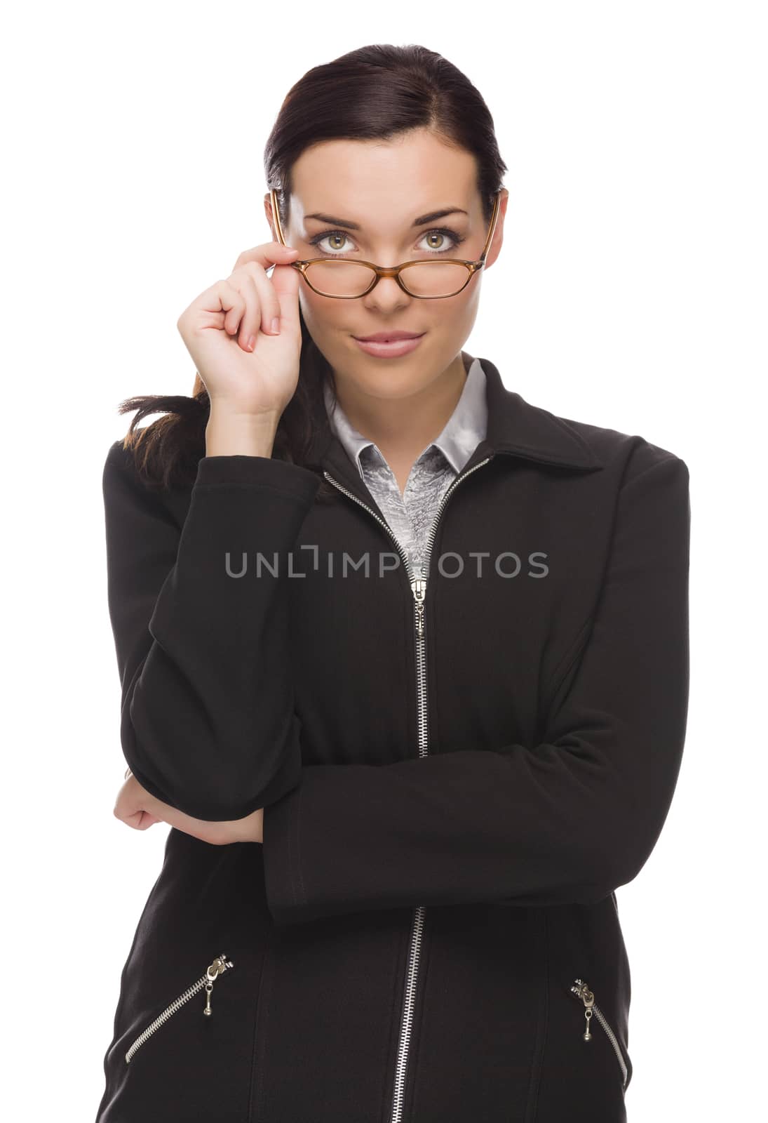 Confident Mixed Race Businesswoman Touching her Glasses Isolated on a White Background.
