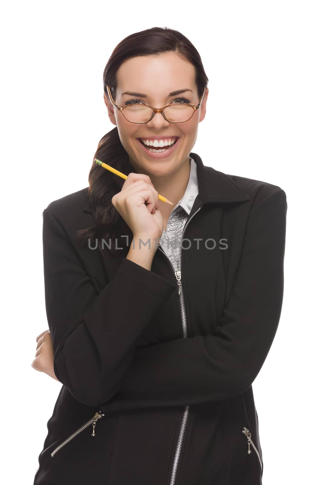 Confident Mixed Race Businesswoman Holding a Pencil Isolated on a White Background.
