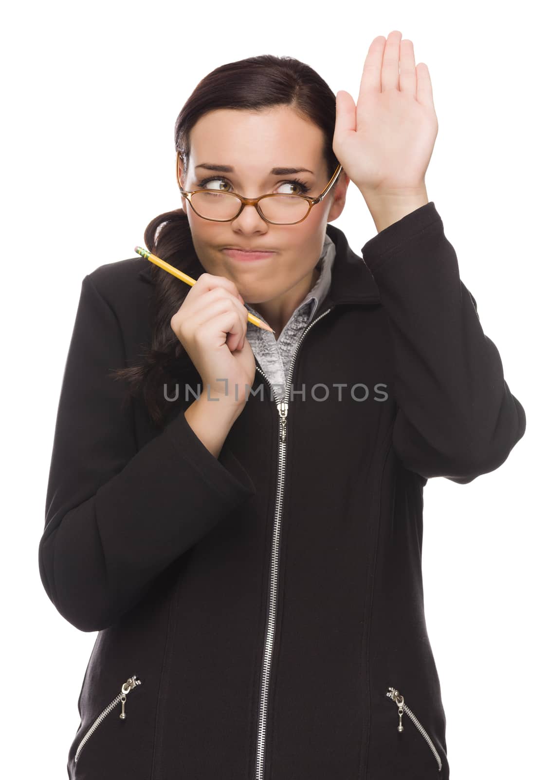 Timid Mixed Race Businesswoman With Pencil Raises Her Hand to Ask a Question Isolated on a White Background.
