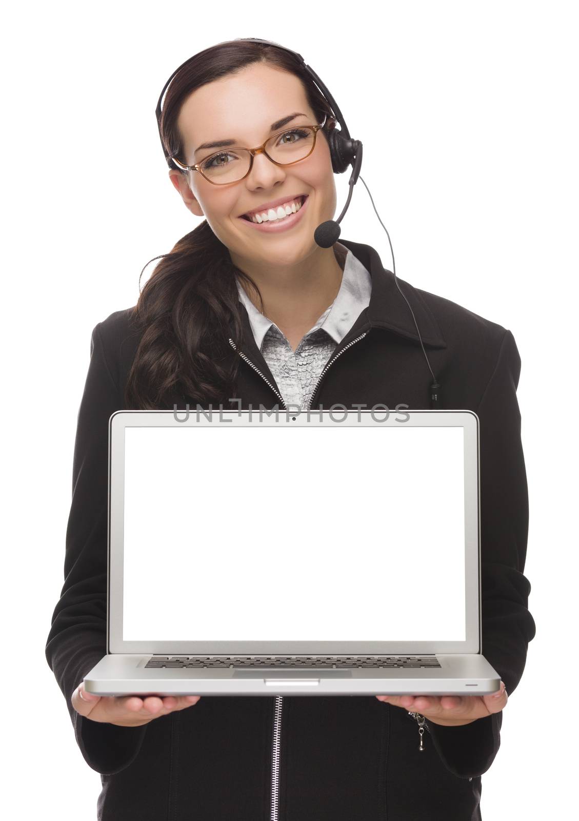 Confident Mixed Race Businesswoman Wearing Headset Holds Computer With Blank Screen Isolated on a White Background ��� Contains Clipping Path For Screen.
