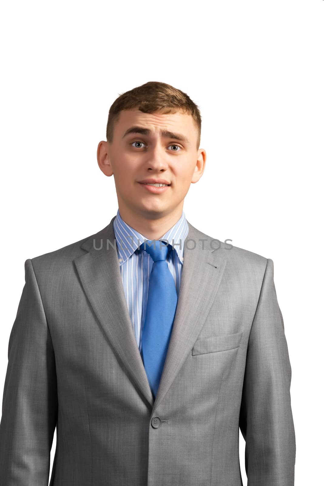 Portrait of sad businessman looking into the camera, isolated on white background