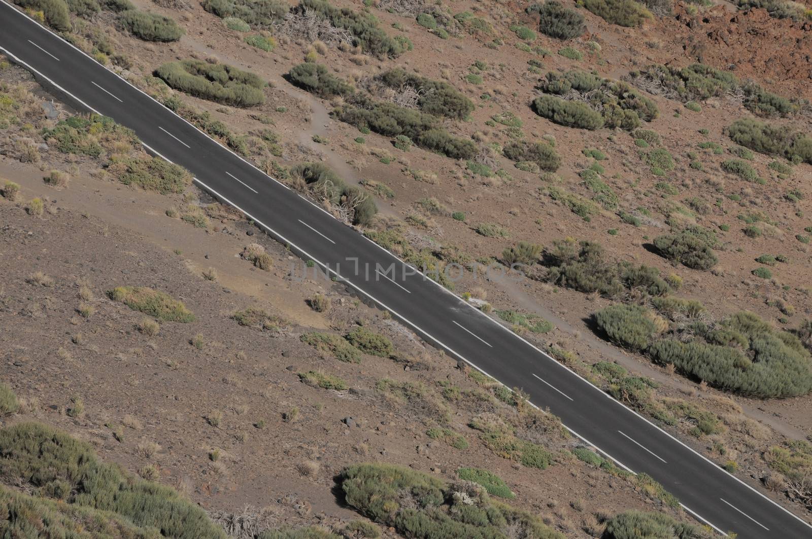 One Road in the Desert From an High Mountain