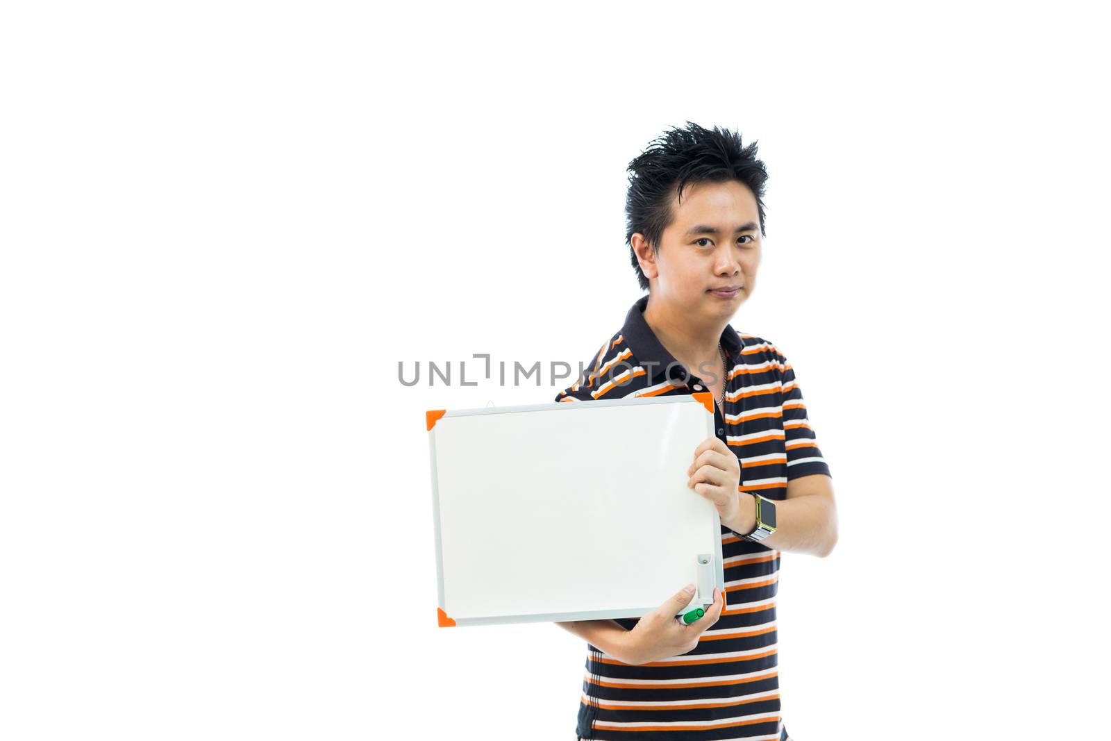man holding blank banner whiteboard
