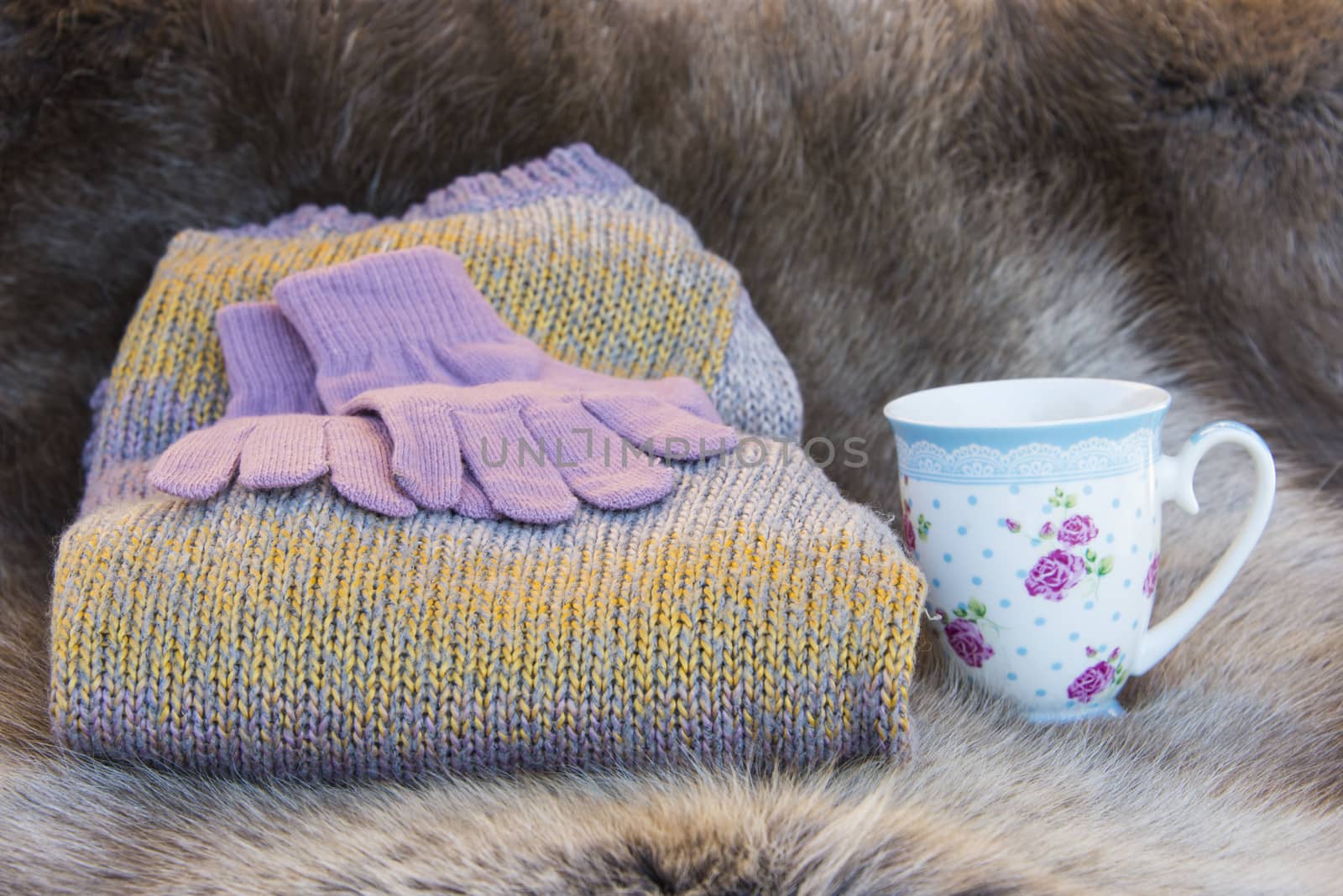 Keeping warm in autumn and winter with a wool sweater, gloves and a cup of hot drink.  Lying on reindeer fur