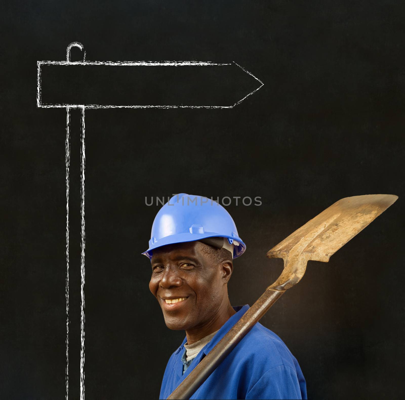 African American black man worker with chalk sign on a blackboard background