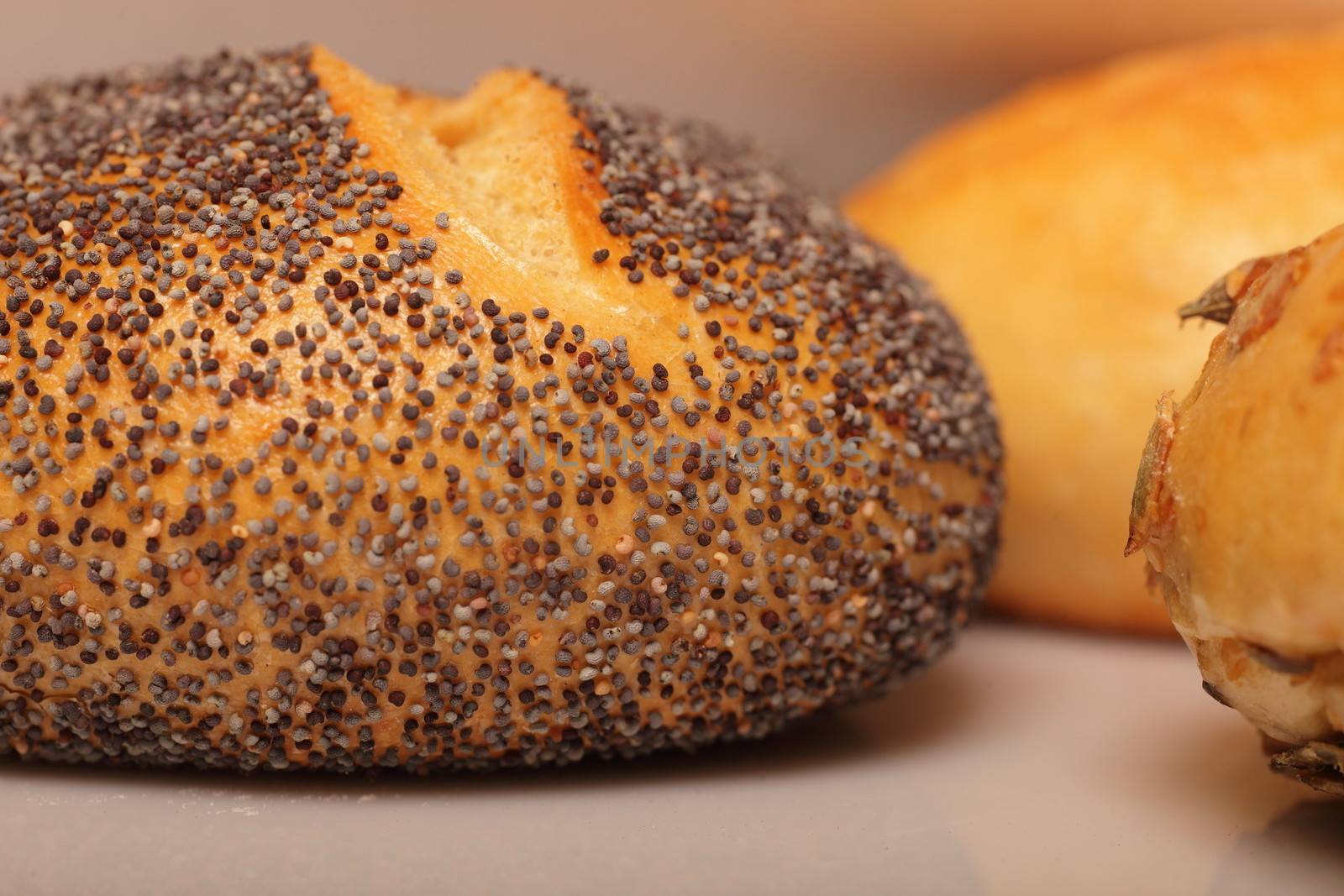 Close up side view of a freshly baked crusty golden poppy seed bread loaf or roll