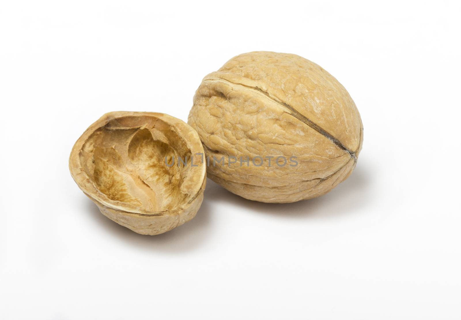 Details of empty walnut shell and walnut 