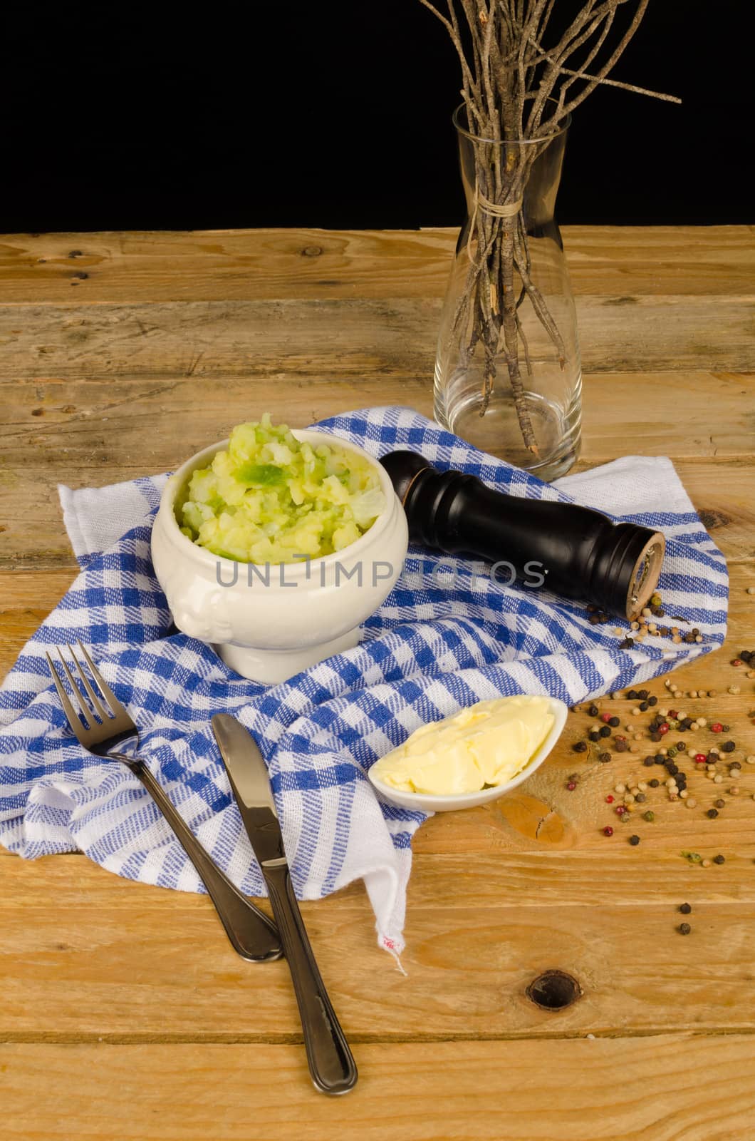 Traditional Irish Halloween food, Colcannon in a still life on a rustic table