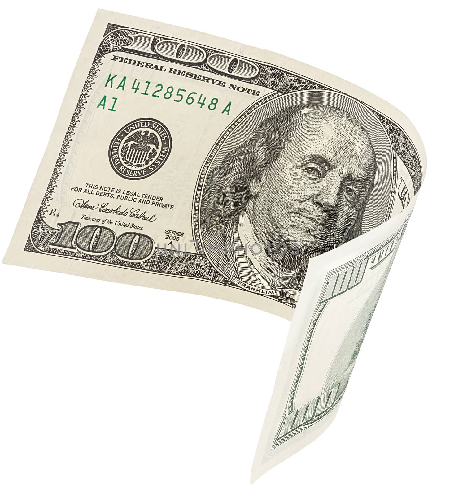 one hundred dollar banknote, isolated on white with clipping path
