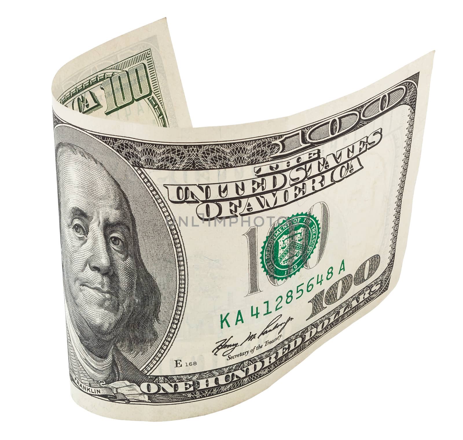 one hundred dollar banknote, isolated on white with clipping path