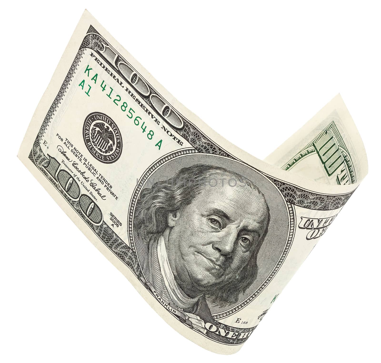 one hundred dollar banknote, isolated on white with clipping path