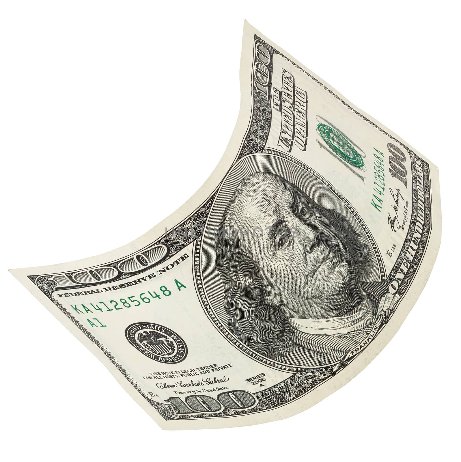 one hundred dollar banknote, isolated on white with clipping path