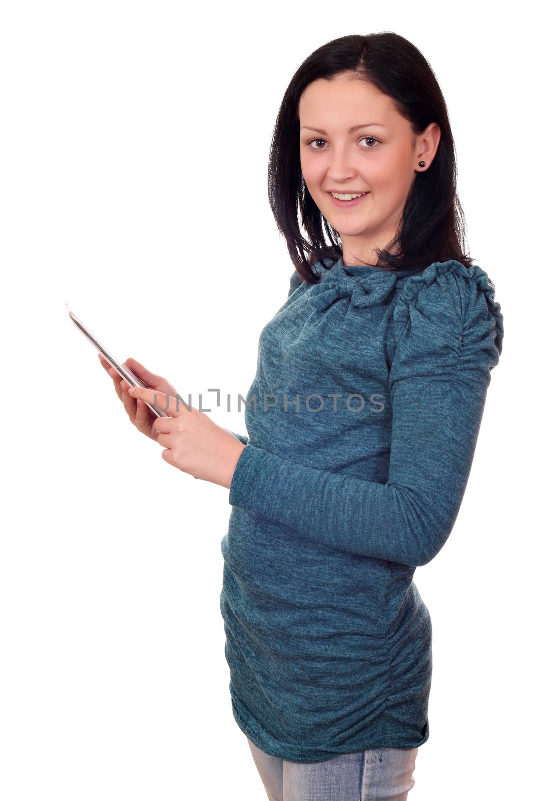 happy teenage girl with tablet pc on white 