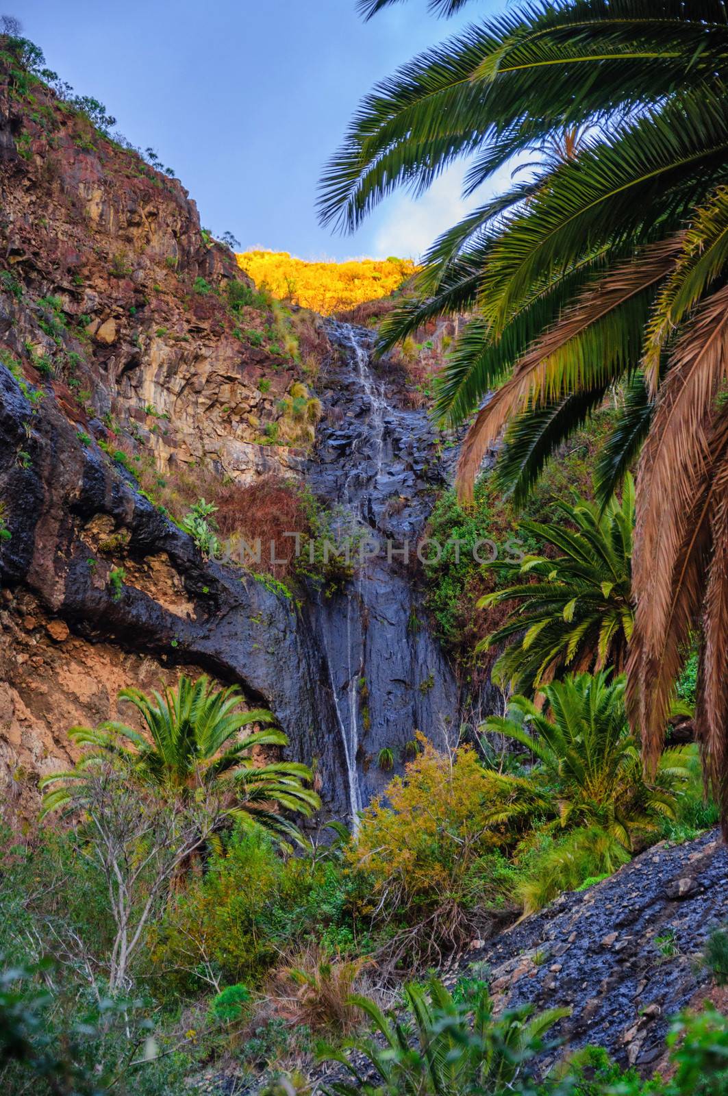 Waterfall near Masca village with mountains, Tenerife, Canarian  by Eagle2308