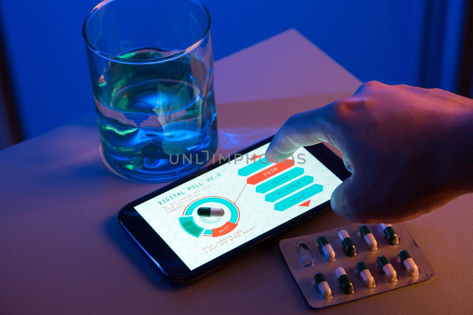 Choosing pill type on high-tech device, concept of next generation medicines, hand drawn interface 