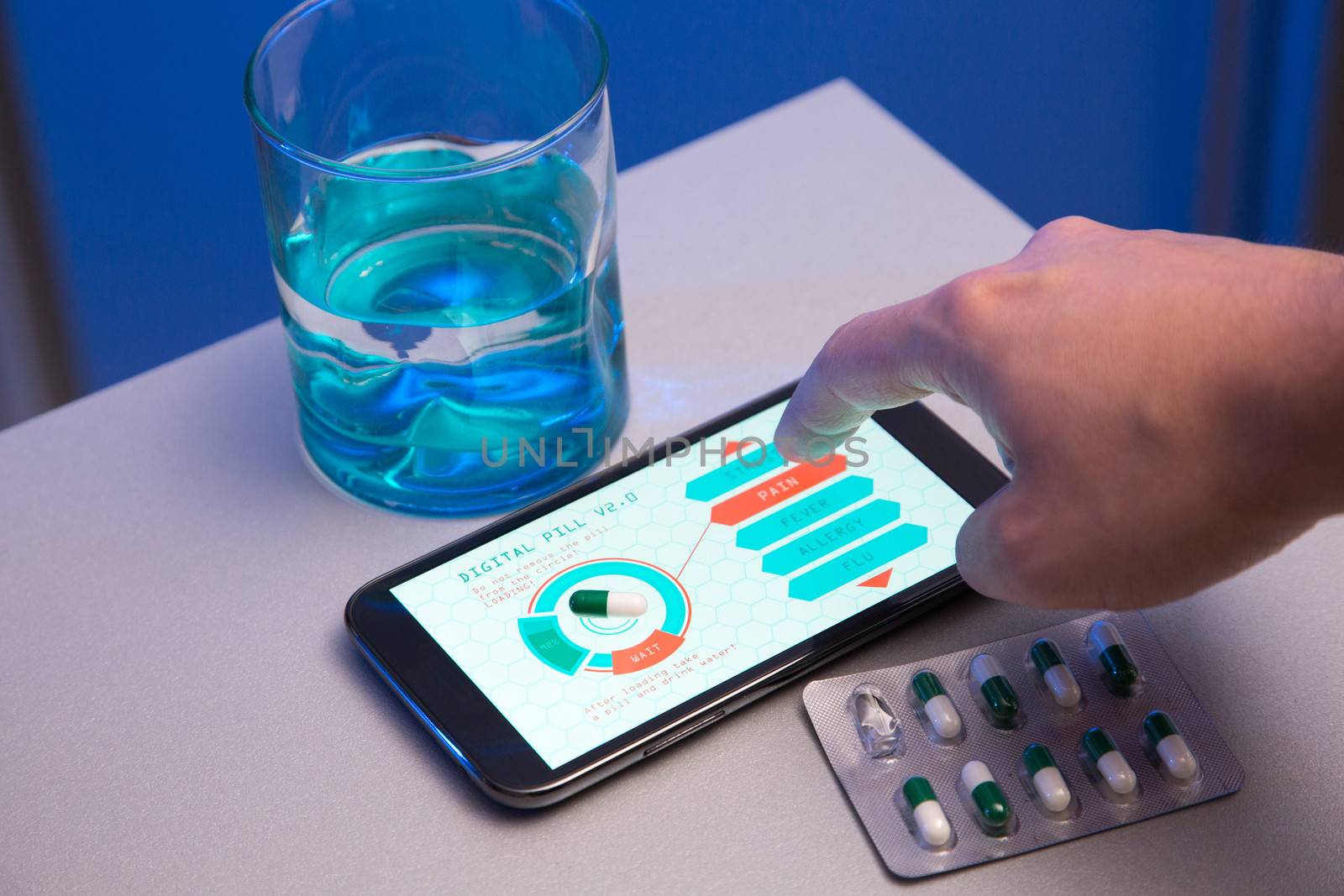 Concept of futuristic medicines, choose your pill type on high-tech device, hand drawn interface 