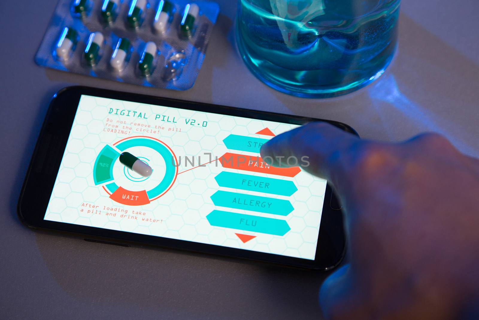 Futuristic medicine concept, choose your pill type on high-tech device, hand drawn interface 