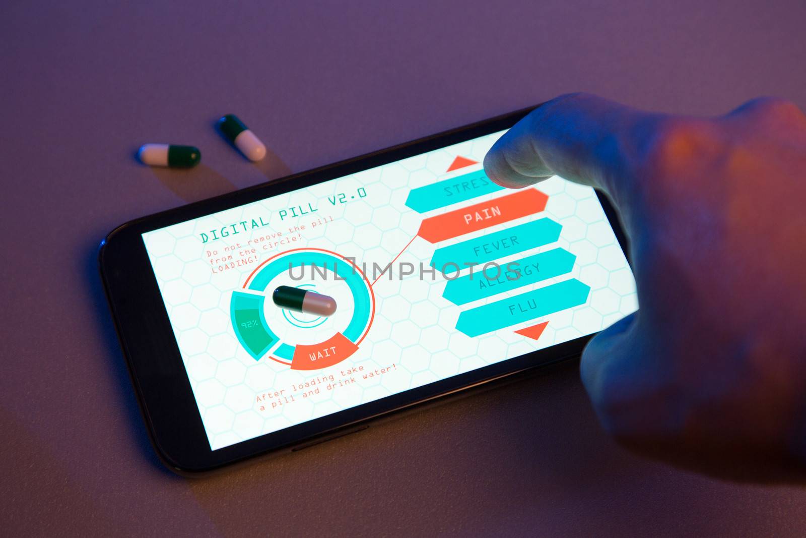Hand choosing pill type on high-tech device, futuristic medicine concept, hand drawn interface 