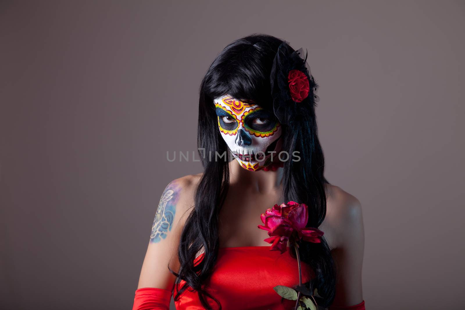 Portrait of sugar skull girl with red rose  by Elisanth