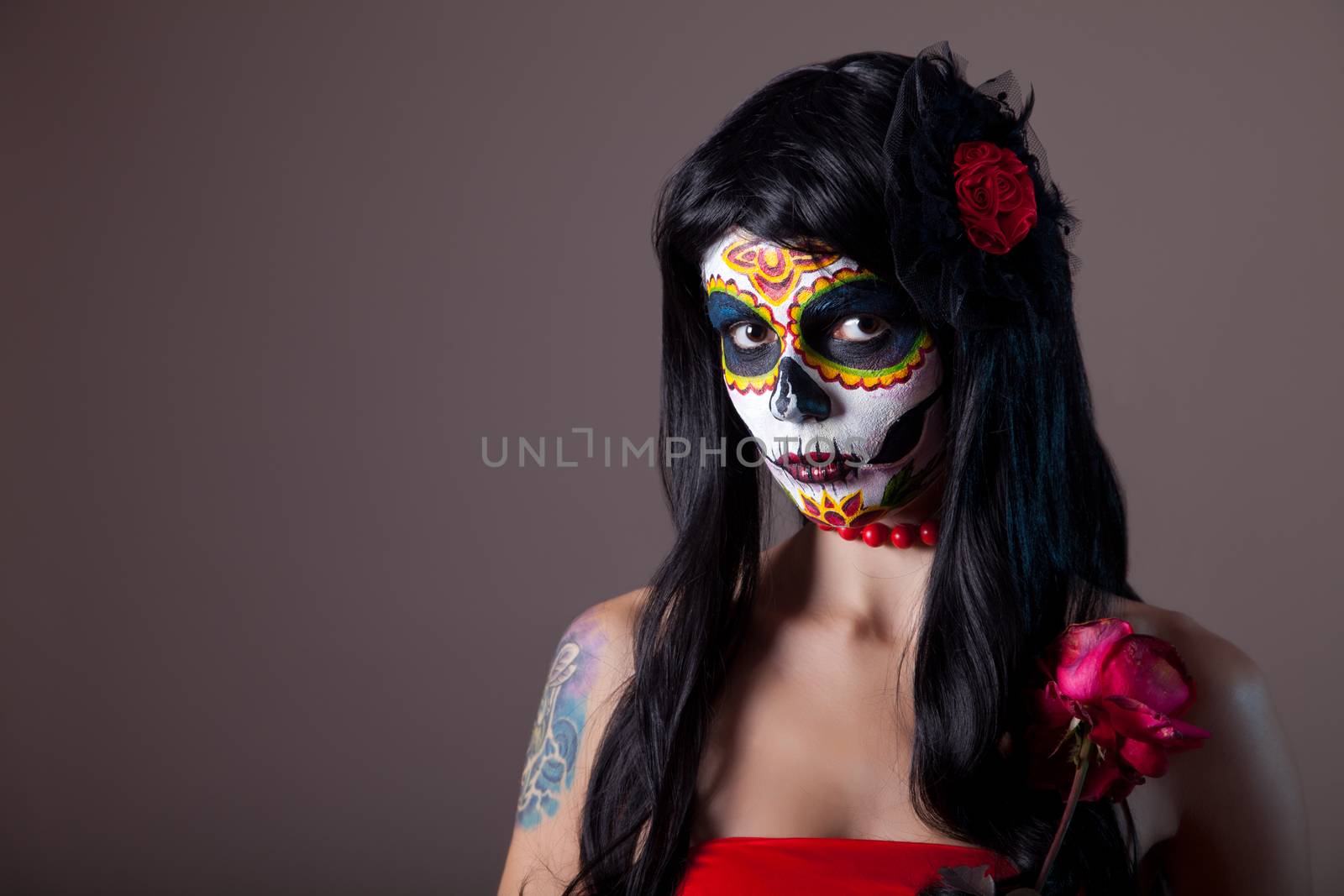 Halloween sugar skull girl with red rose  by Elisanth