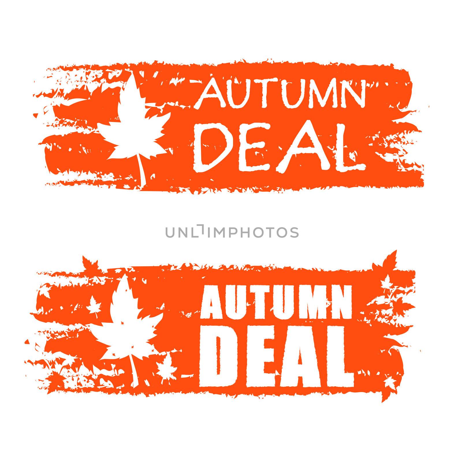 autumn deal - orange drawn banners with text and fall leaf, business concept