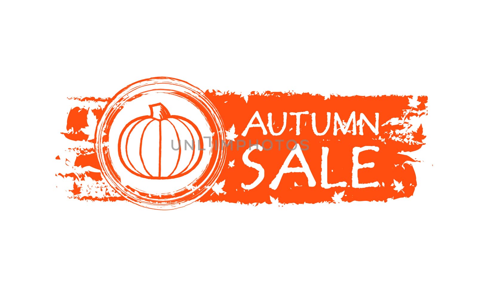 autumn sale - orange drawn banner with text, pumpkin and fall leaves, business concept