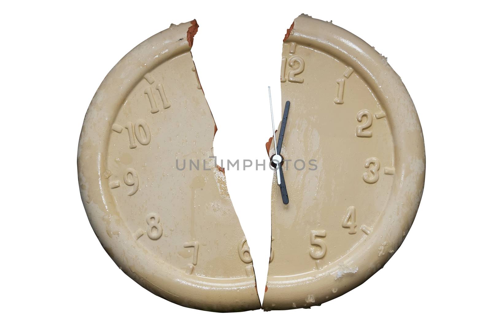 a broken clock face against a white background with a clipping path