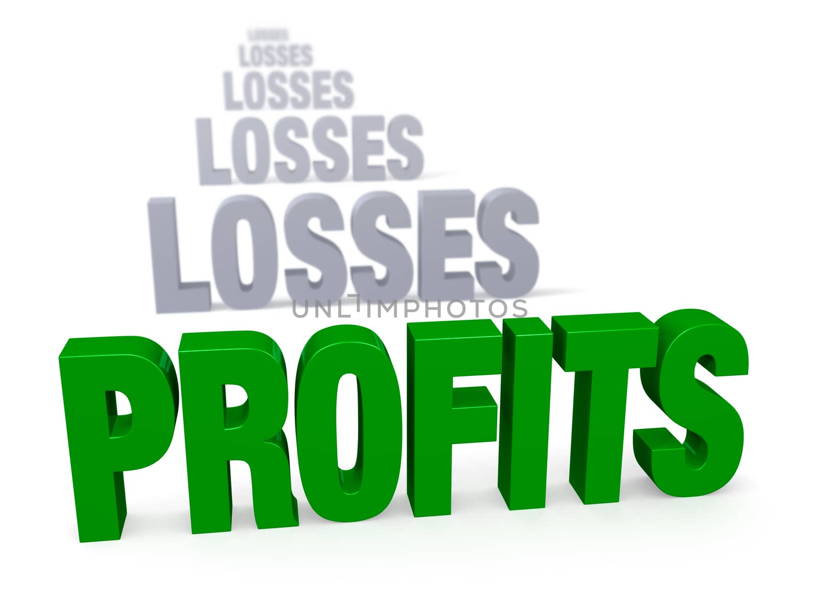Sharp focus on triumphant, green "PROFITS" in front of a row of plain, gray "LOSSES"s blurring and receding into the distance.  Isolated on white.