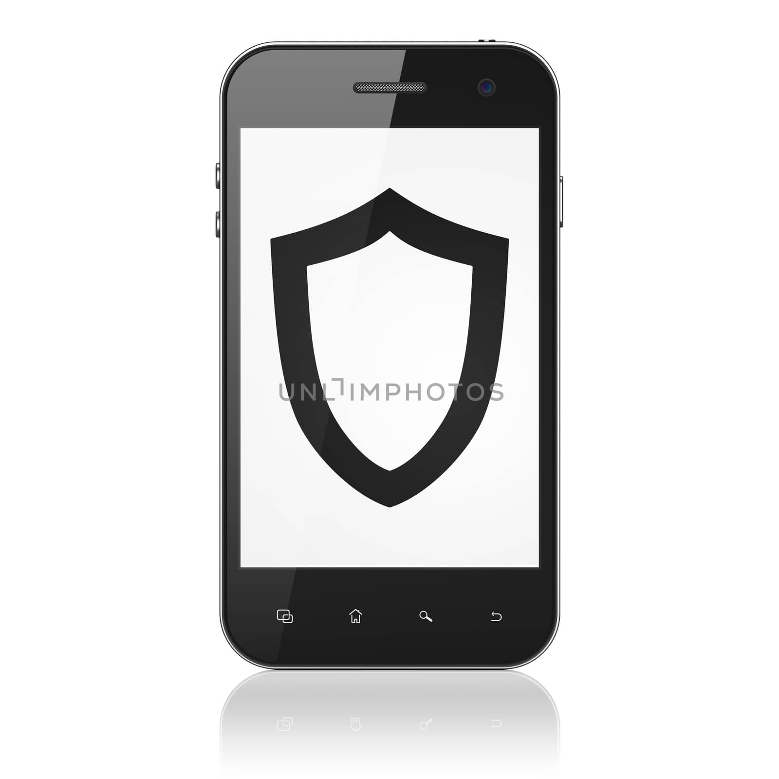 Privacy concept: smartphone with Contoured Shield icon on display. Mobile smart phone on White background, cell phone 3d render