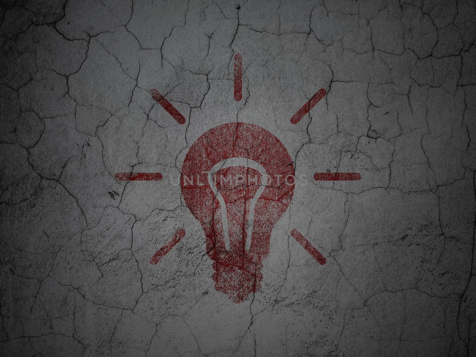 Finance concept: Red Light Bulb on grunge textured concrete wall background, 3d render