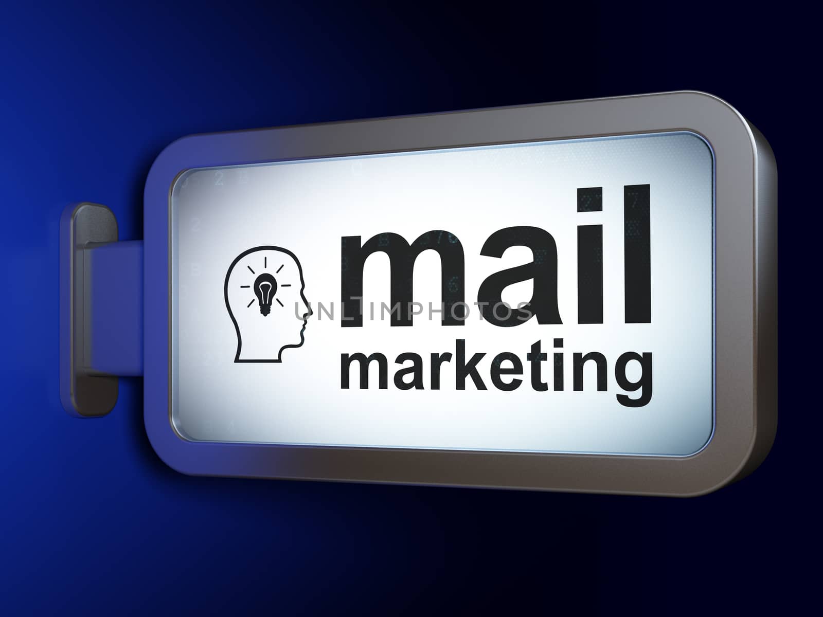 Advertising concept: Mail Marketing and Head With Lightbulb on advertising billboard background, 3d render