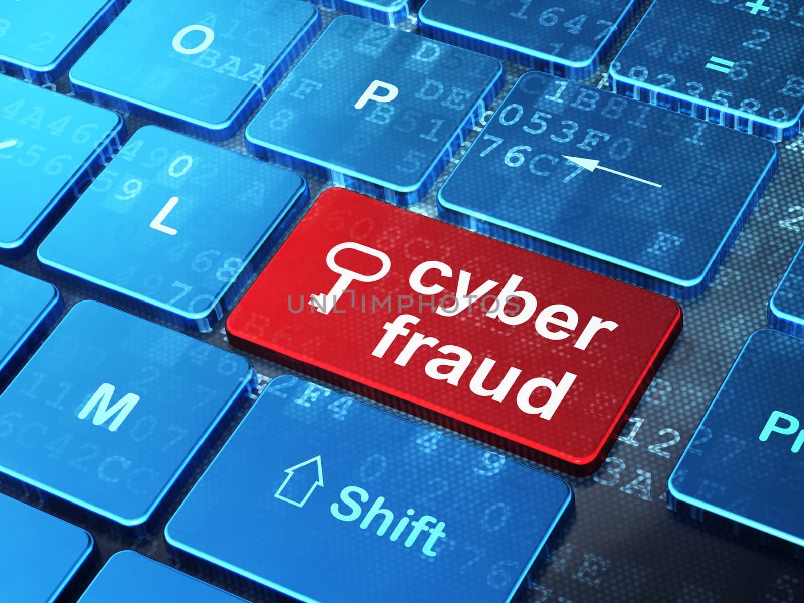Privacy concept: computer keyboard with Key icon and word Cyber Fraud on enter button background, 3d render