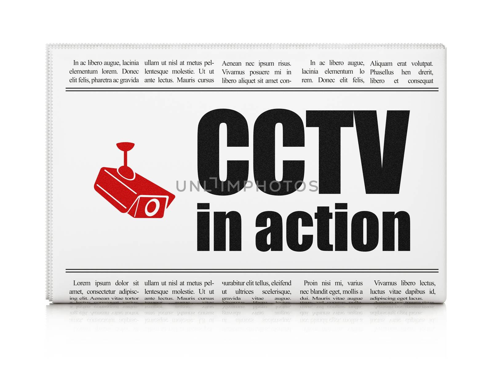 Safety news concept: newspaper headline CCTV In action and Cctv Camera icon on White background, 3d render