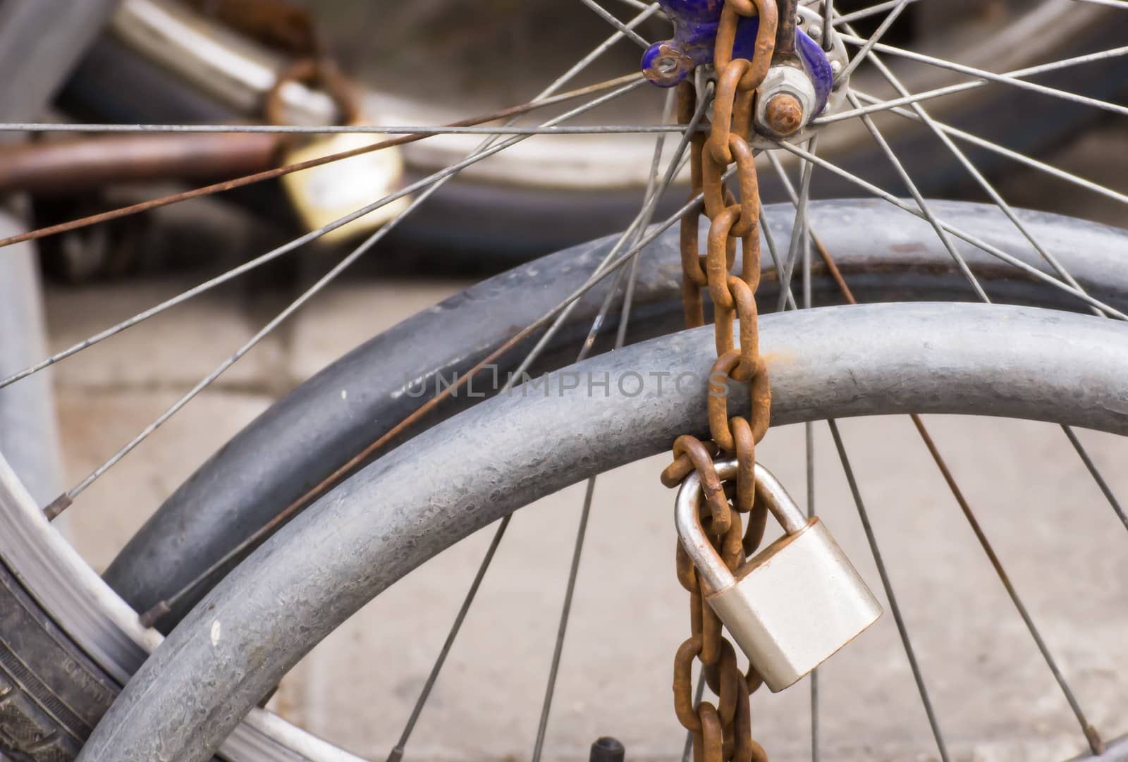 Lock and chain on a bicycle ,Close up view of a large lock and c by photo2life